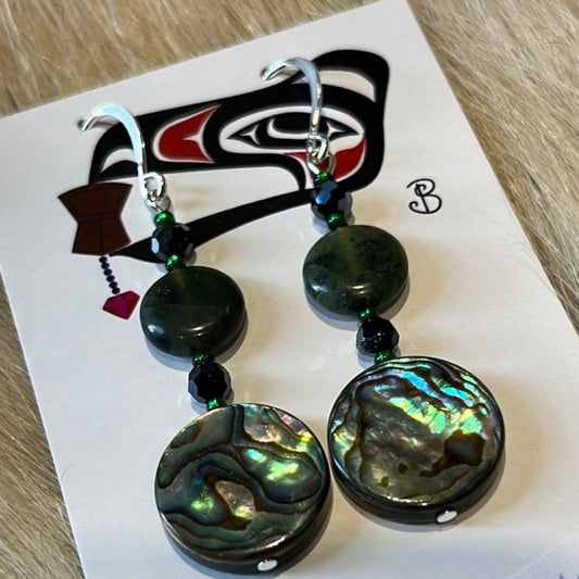 Abalone coin w/ Jade coin & glass bead earrings
