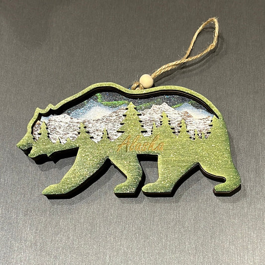 4-layer bear ornament, hand painted, with natural cord hanger.