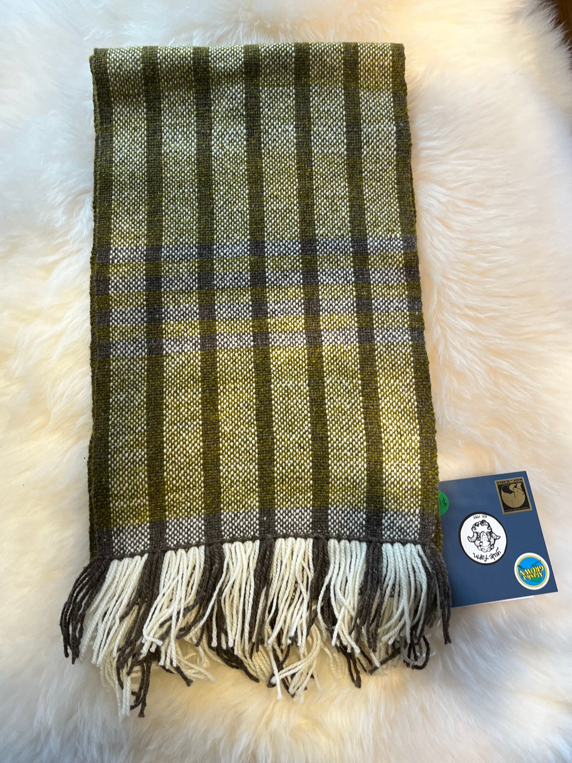 Alaskan grown, super-fine Merino wool scarf from the heart of the Matanuska Valley. Measures 10" x 66".