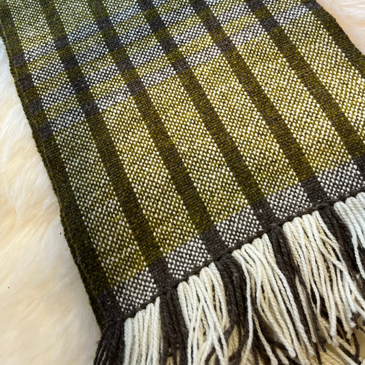 Alaskan grown, super-fine Merino wool scarf from the heart of the Matanuska Valley. Measures 10" x 66".