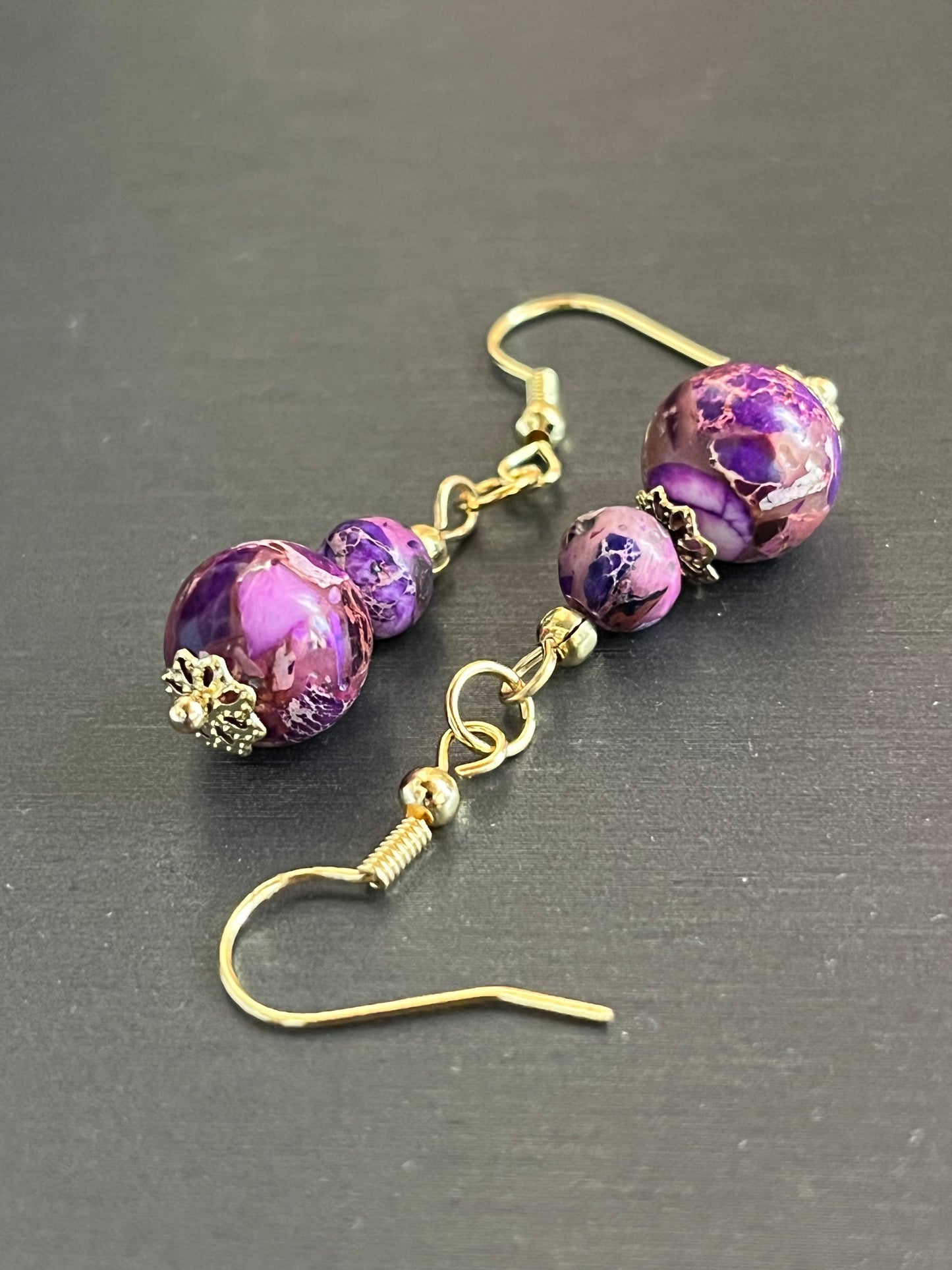 Purple Crackled Jasper on hypoallergenic ear hooks, designed by Final Touch Alaska.