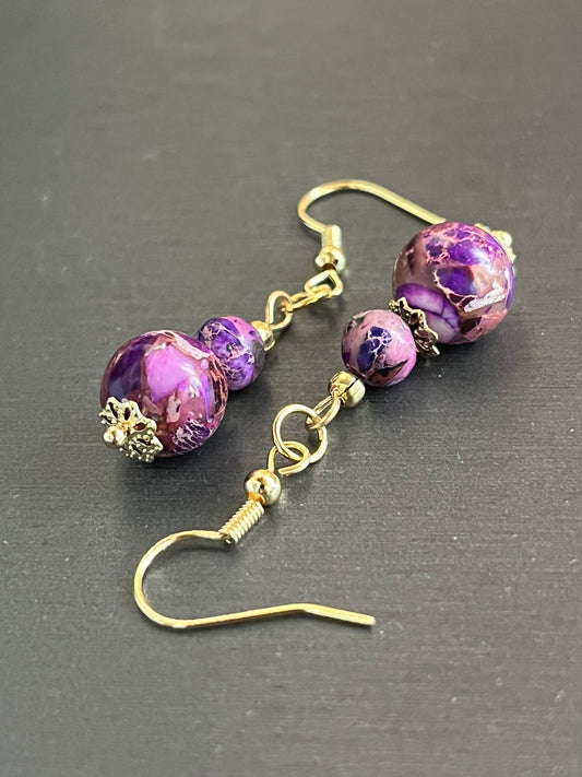 Purple Crackled Jasper on hypoallergenic ear hooks, designed by Final Touch Alaska.