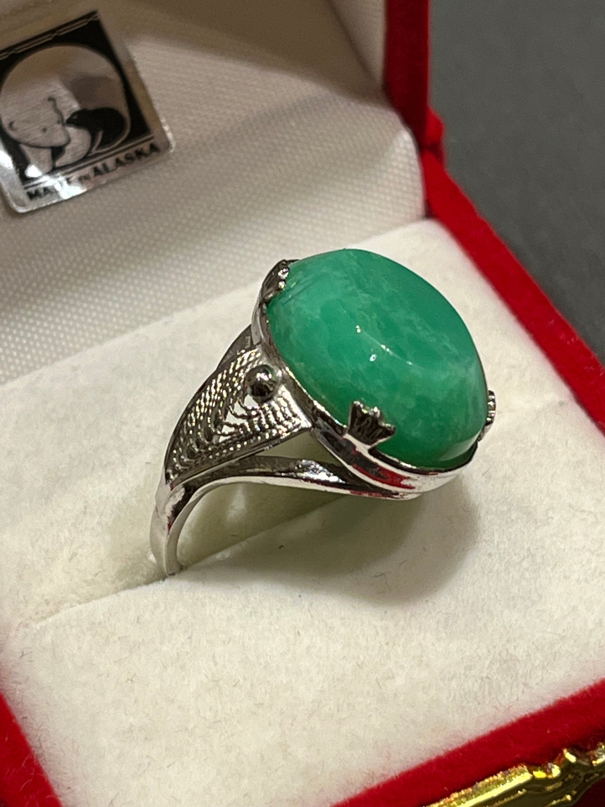 Vintage 1940’s Silver Ring by Sorrento Chrysoprase (size 6). This unique piece of jewelry is authentic Alaska Native art created by an enrolled member of an Alaska Native tribe. Certified Silver Hand and Made in Alaska jewelry.