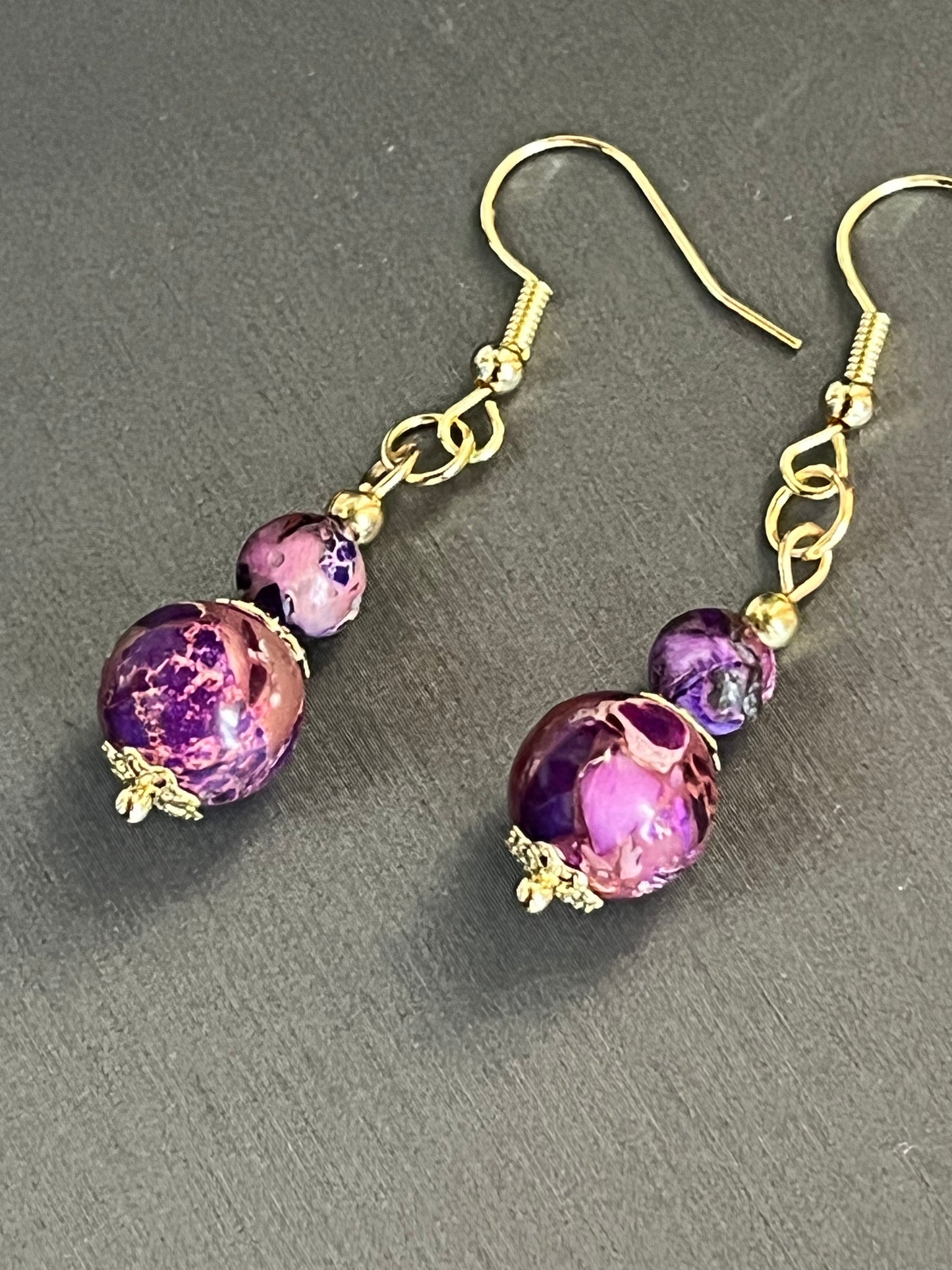 Purple Crackled Jasper on hypoallergenic ear hooks, designed by Final Touch Alaska.