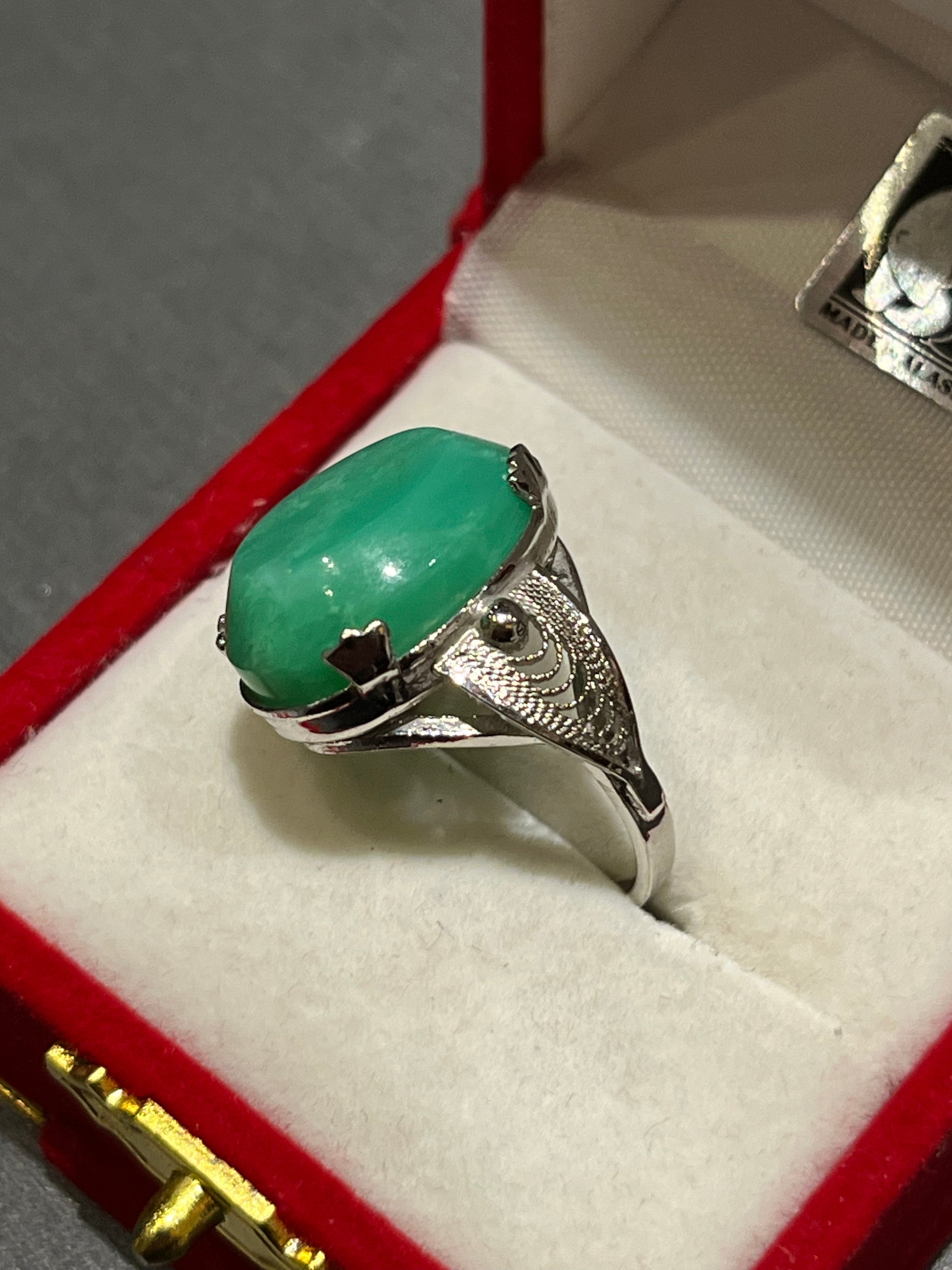 Vintage 1940’s Silver Ring by Sorrento Chrysoprase (size 6). This unique piece of jewelry is authentic Alaska Native art created by an enrolled member of an Alaska Native tribe. Certified Silver Hand and Made in Alaska jewelry.