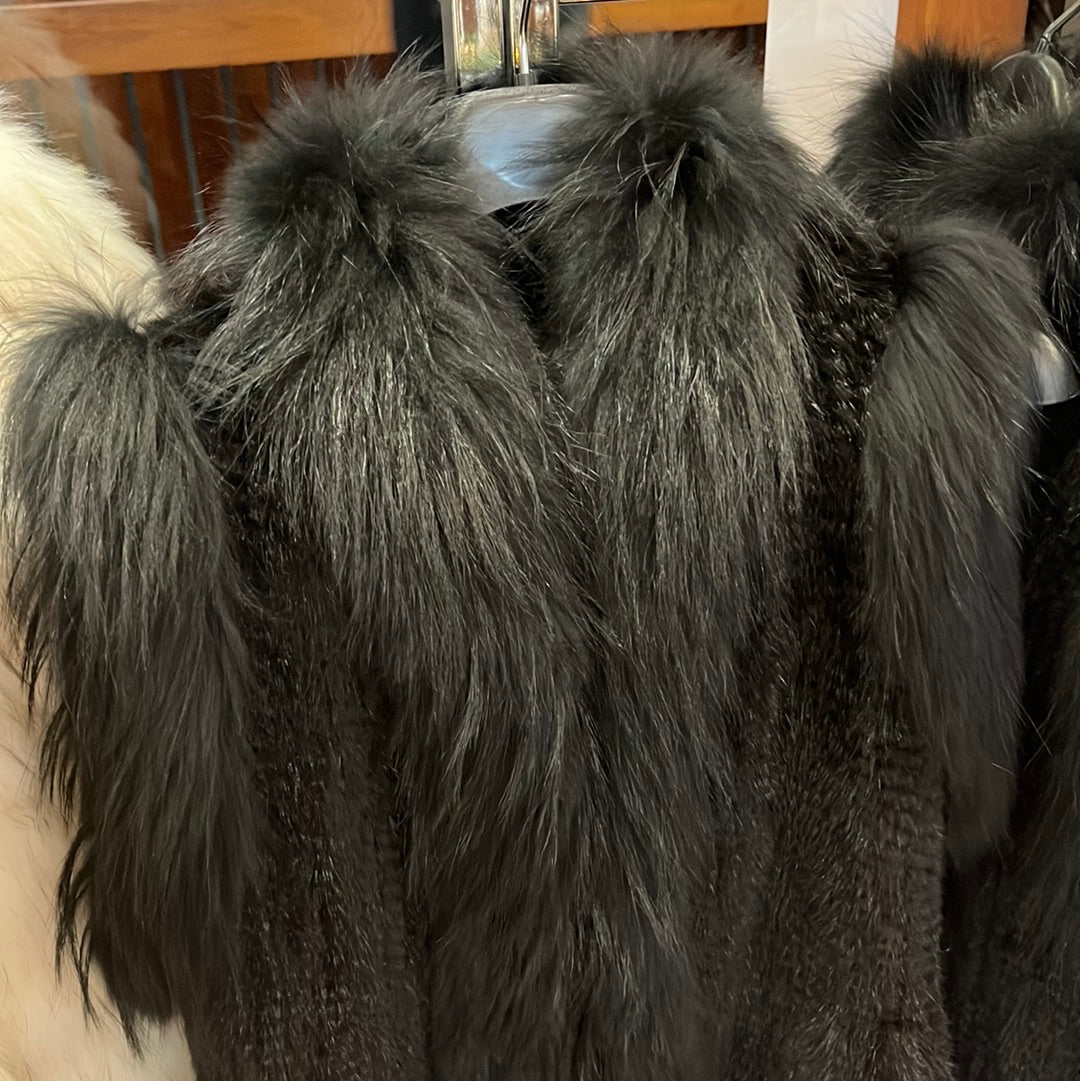 Black Ranch Knit Mink Vest w/ Dyed Racoon Trim