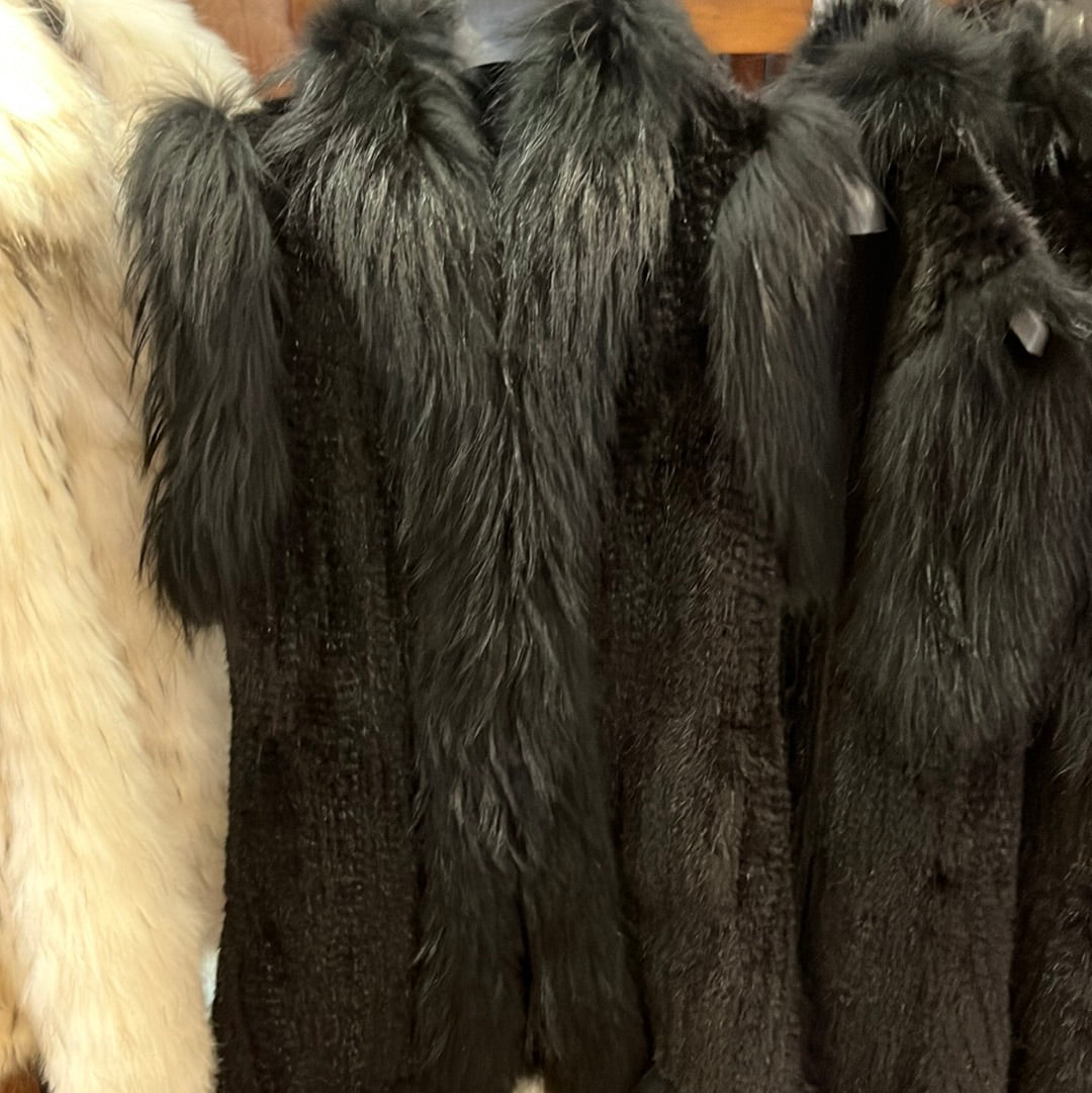 Black Ranch Knit Mink Vest w/ Dyed Racoon Trim