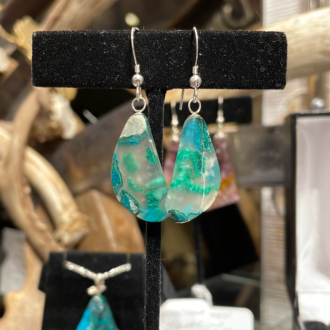 Chrysocolla earrings on silver. This unique piece of jewelry is authentic Alaska Native art created by an enrolled member of an Alaska Native tribe. 