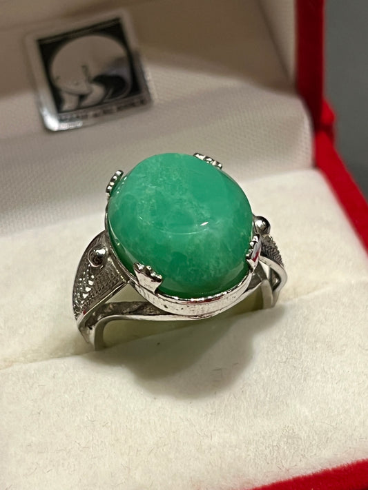 Vintage 1940’s Silver Ring by Sorrento Chrysoprase (size 6). This unique piece of jewelry is authentic Alaska Native art created by an enrolled member of an Alaska Native tribe. Certified Silver Hand and Made in Alaska jewelry.