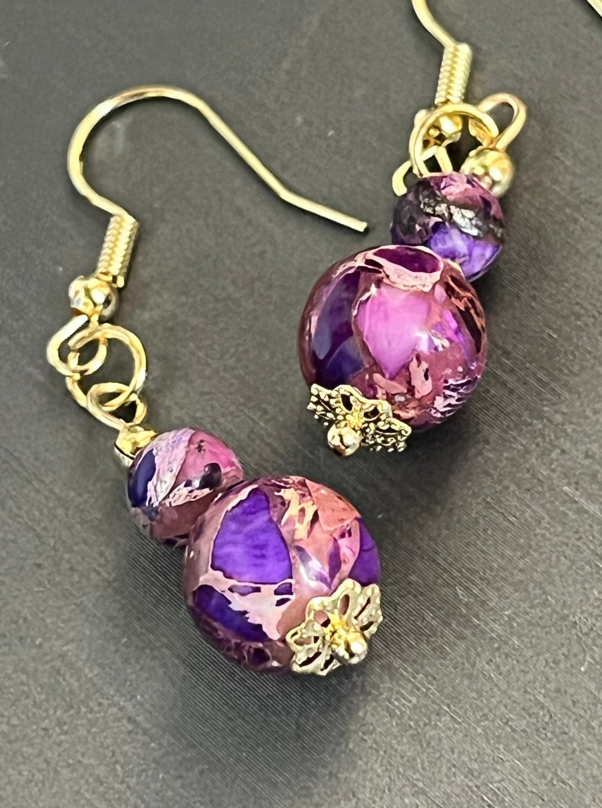 Purple Crackled Jasper on hypoallergenic ear hooks, designed by Final Touch Alaska.