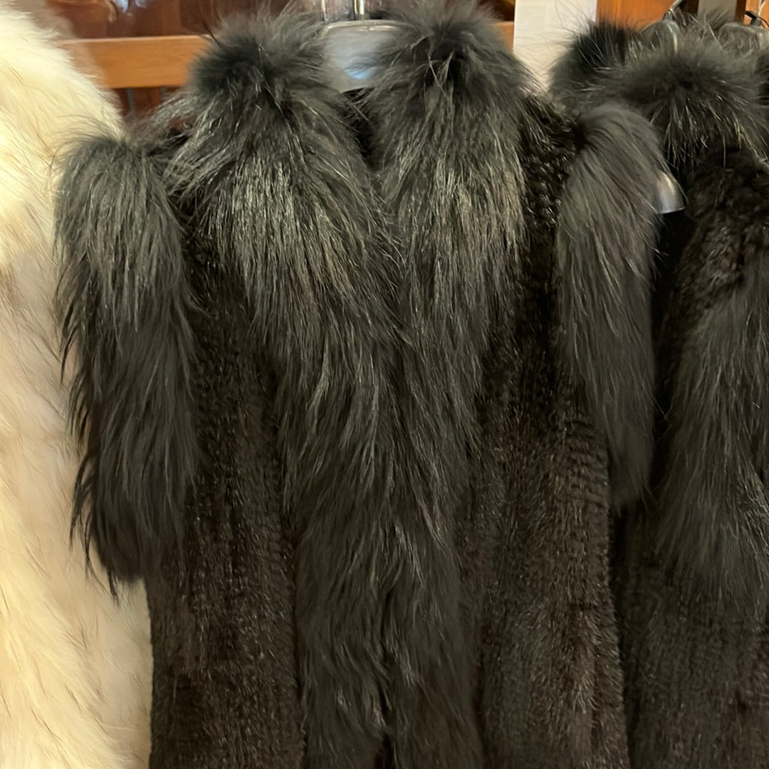 Black Ranch Knit Mink Vest w/ Dyed Racoon Trim