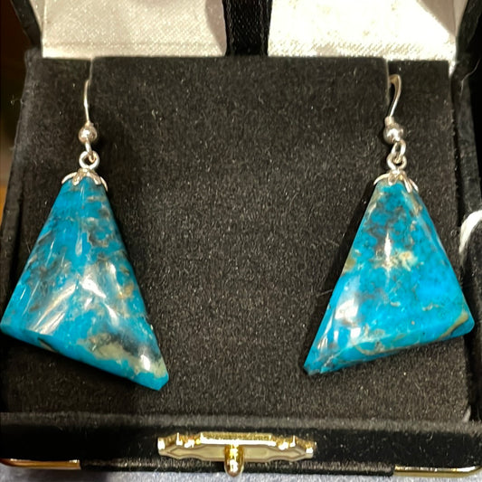 Triangular Turquoise earrings on silver. This unique piece of jewelry is authentic Alaska Native art created by an enrolled member of an Alaska Native tribe.