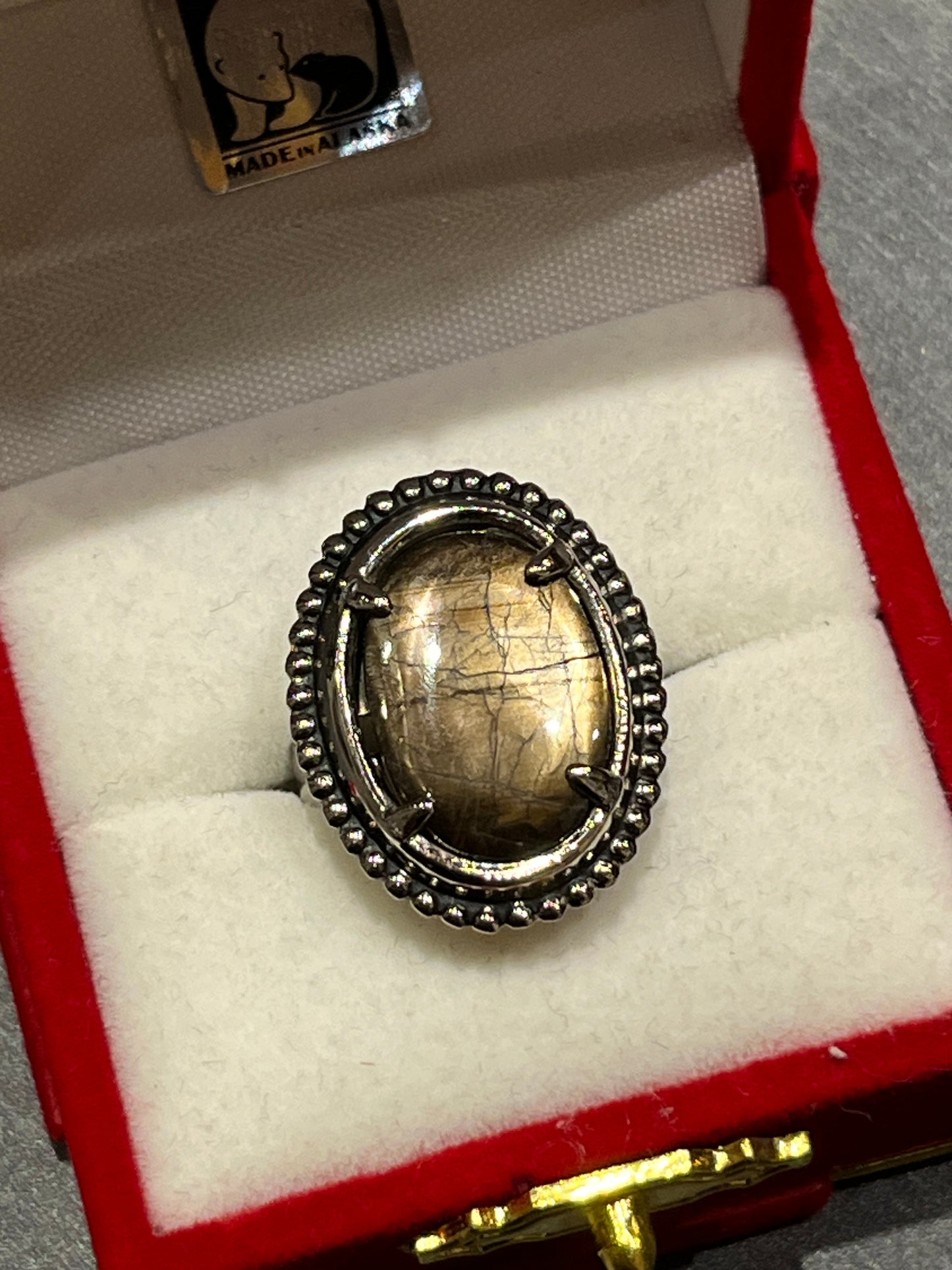 Antique Silver Ring with Black Sapphire (size 6 1/4). This unique piece of jewelry is authentic Alaska Native art created by an enrolled member of an Alaska Native tribe. Certified Silver Hand and Made in Alaska jewelry.