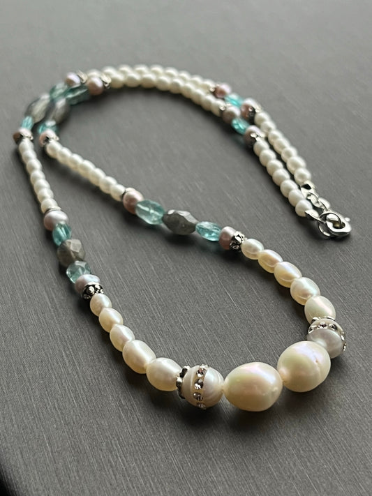 Pearl, Apatite, and Labradorite Necklace, Arctic Fire Designs