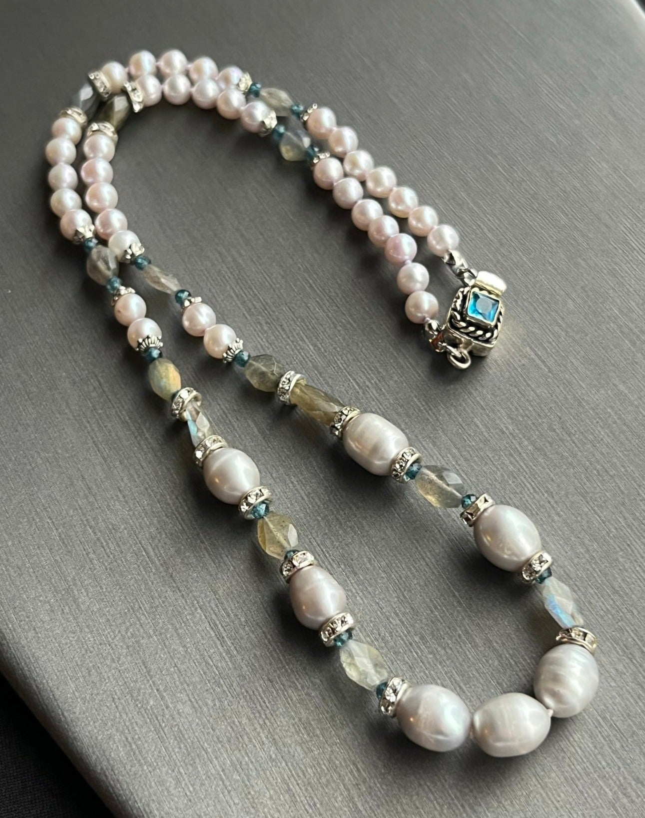 Silver Tahitian B-grade Pearls, Labradorite, Blue Topaz Necklace