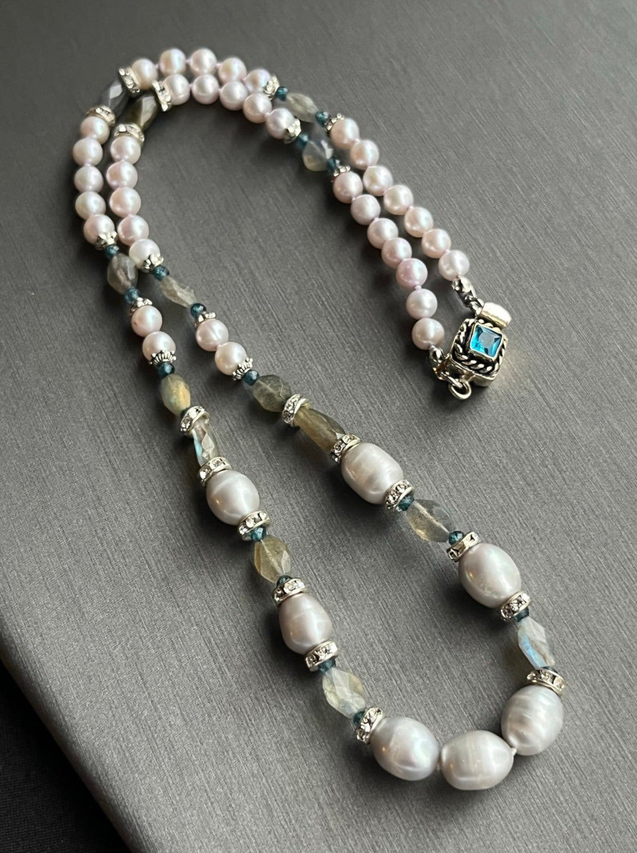 Silver Tahitian B-grade Pearls, Labradorite, Blue Topaz Necklace