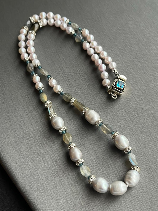 Silver Tahitian B-grade Pearls, Labradorite, Blue Topaz Necklace