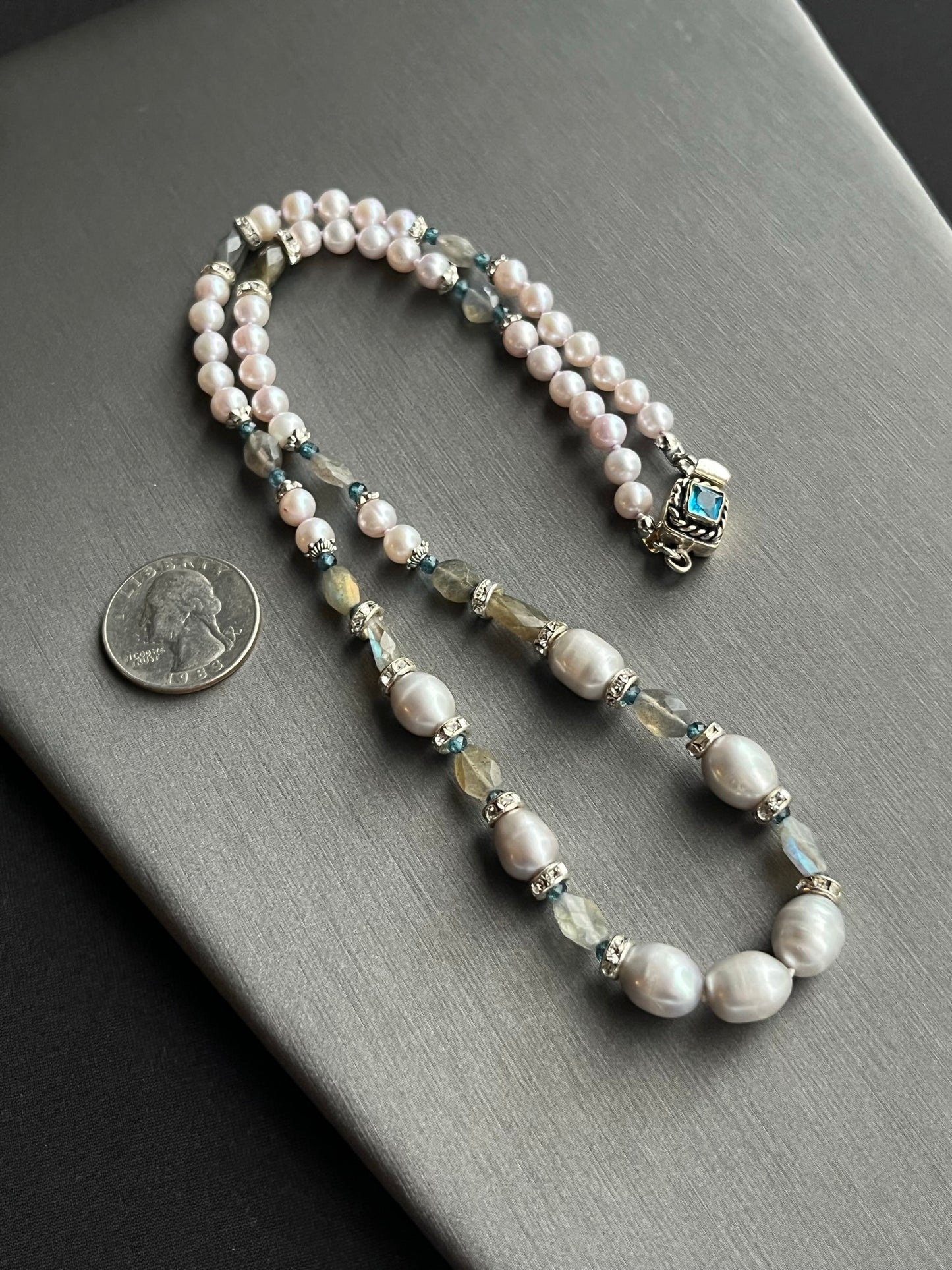 Silver Tahitian B-grade Pearls, Labradorite, Blue Topaz Necklace