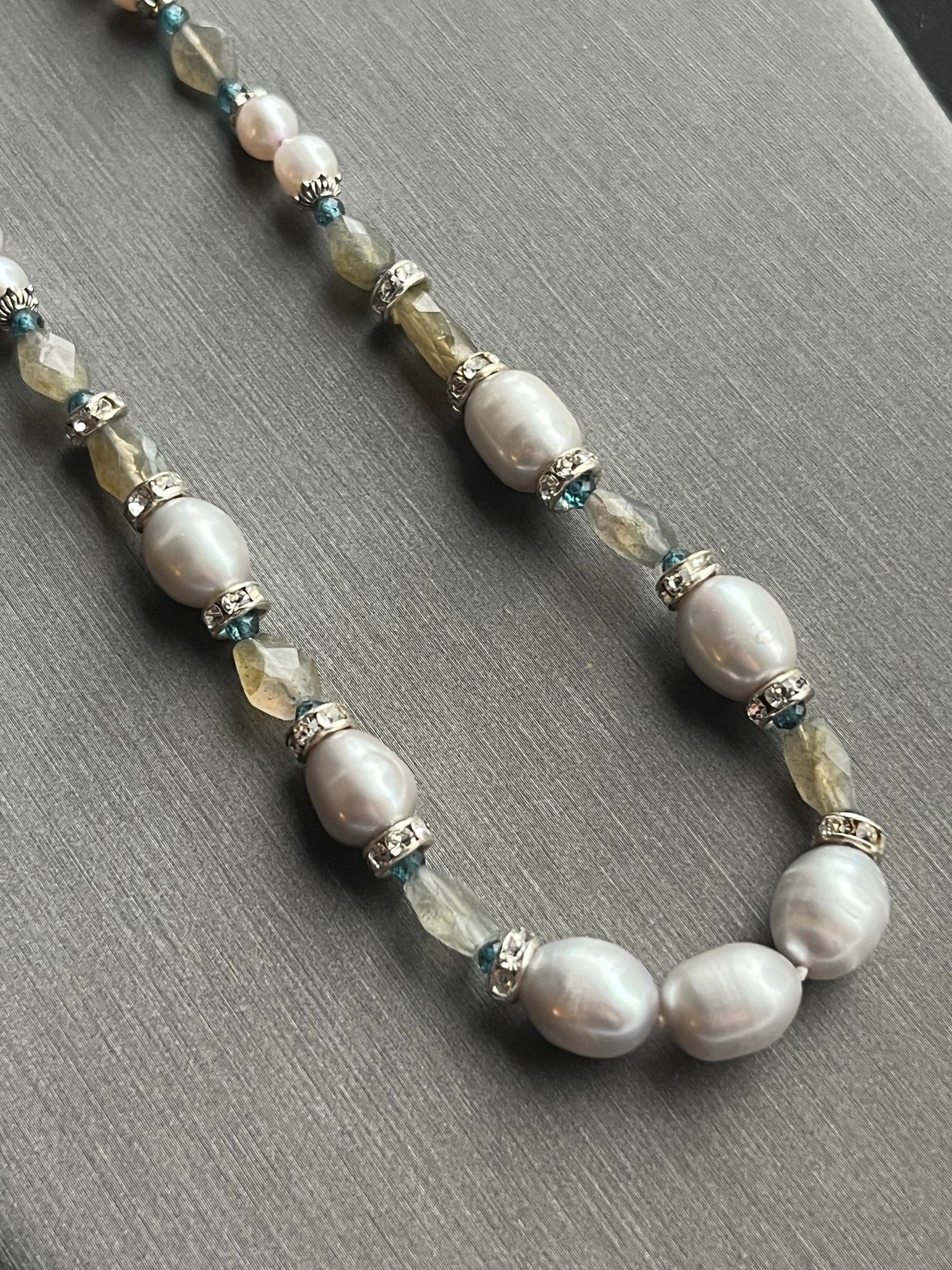 Silver Tahitian B-grade Pearls, Labradorite, Blue Topaz Necklace