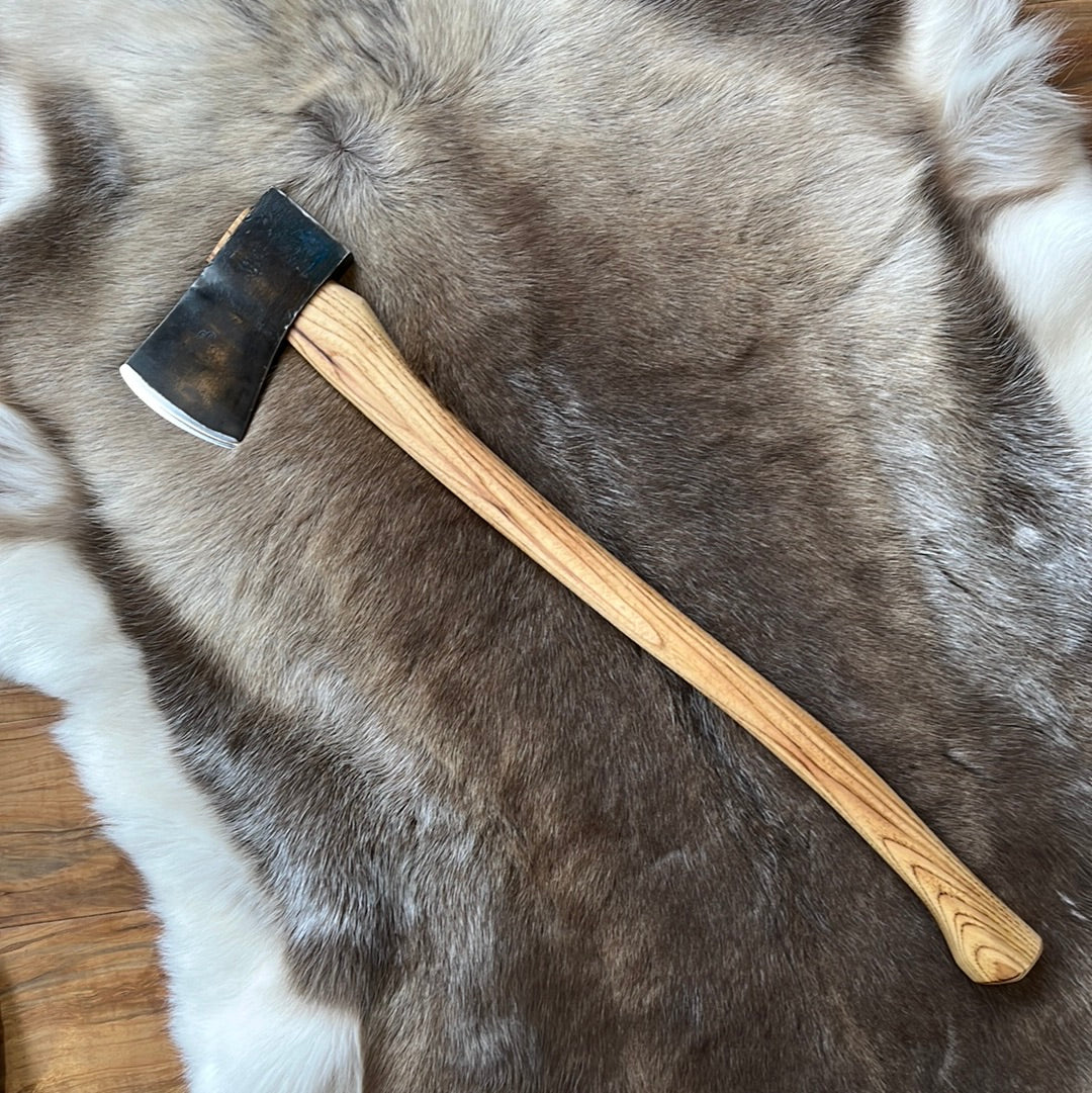 Restored vintage Swedish-made S.A. Wetterlings axe with new custom hickory handle, and hand-sewn leather sheath.  Head weight:  2 ¼ lbs.  Handle Length: 27 ½ inches  Axe weight: 3 ½ lbs.