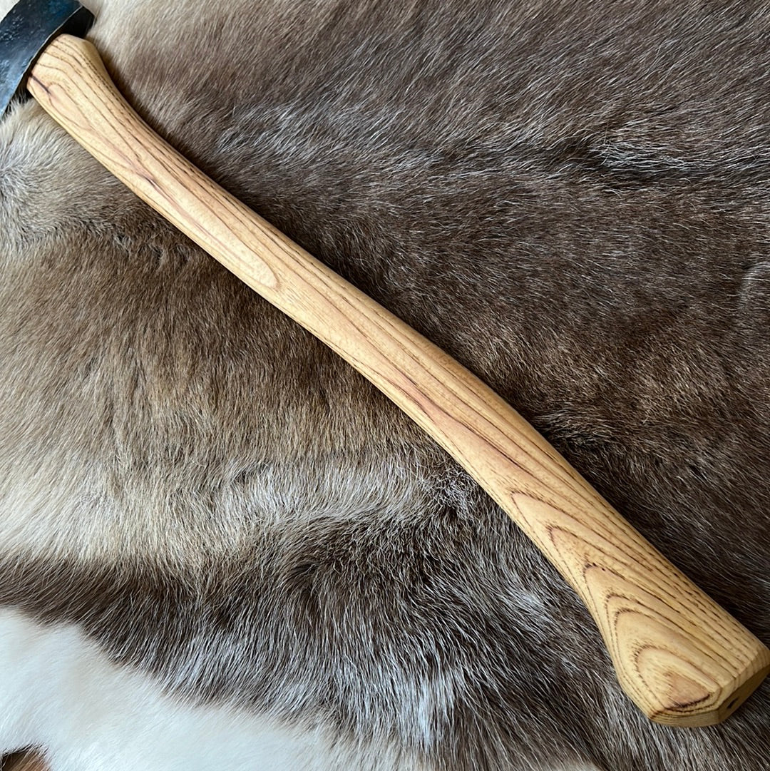 Restored vintage Swedish-made S.A. Wetterlings axe with new custom hickory handle, and hand-sewn leather sheath.  Head weight:  2 ¼ lbs.  Handle Length: 27 ½ inches  Axe weight: 3 ½ lbs.