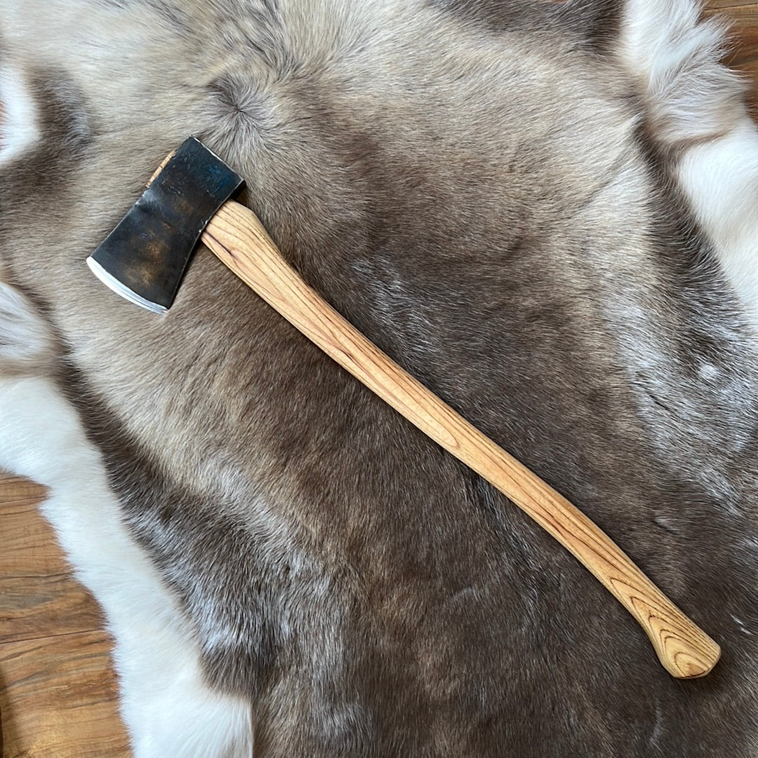 Restored vintage Swedish-made S.A. Wetterlings axe with new custom hickory handle, and hand-sewn leather sheath.  Head weight:  2 ¼ lbs.  Handle Length: 27 ½ inches  Axe weight: 3 ½ lbs.
